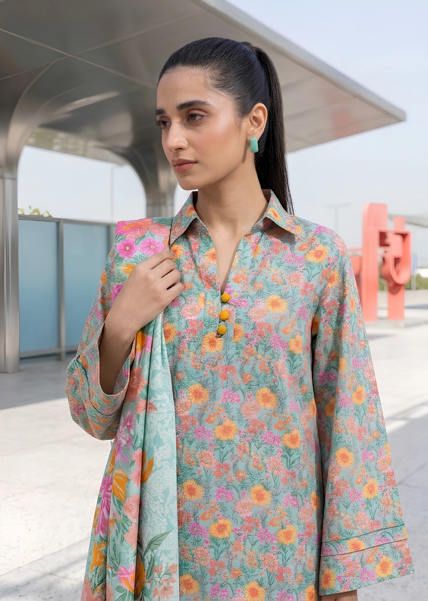 Aqua Bloom 2 Piece Printed Khaddar Unstitched Suit - Image 3