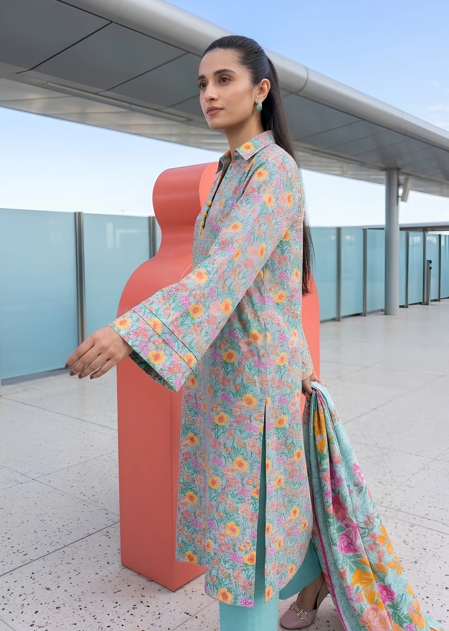 Aqua Bloom 2 Piece Printed Khaddar Unstitched Suit - Image 2