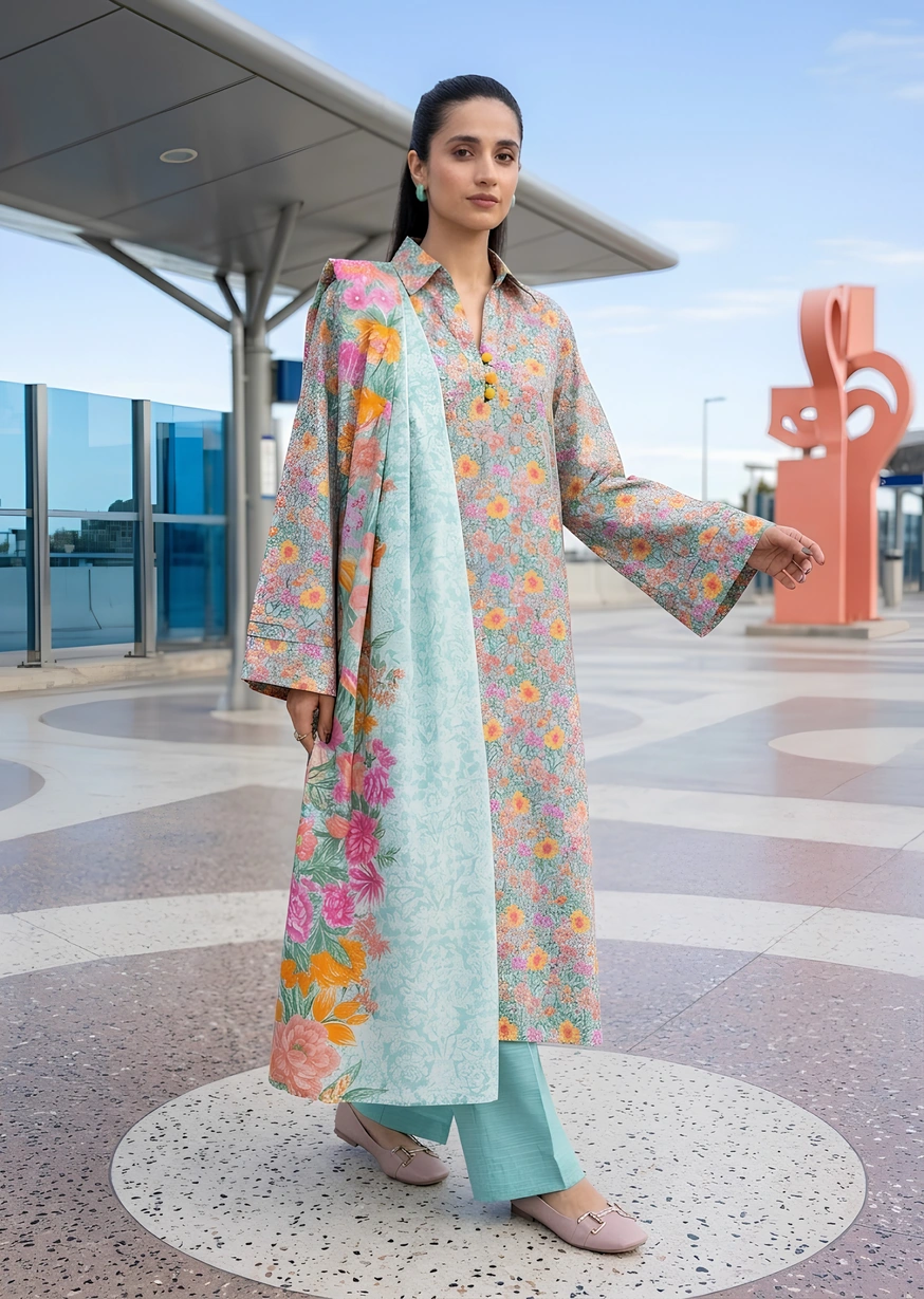 Aqua Bloom 2 Piece Printed Khaddar Unstitched Suit - Image 4